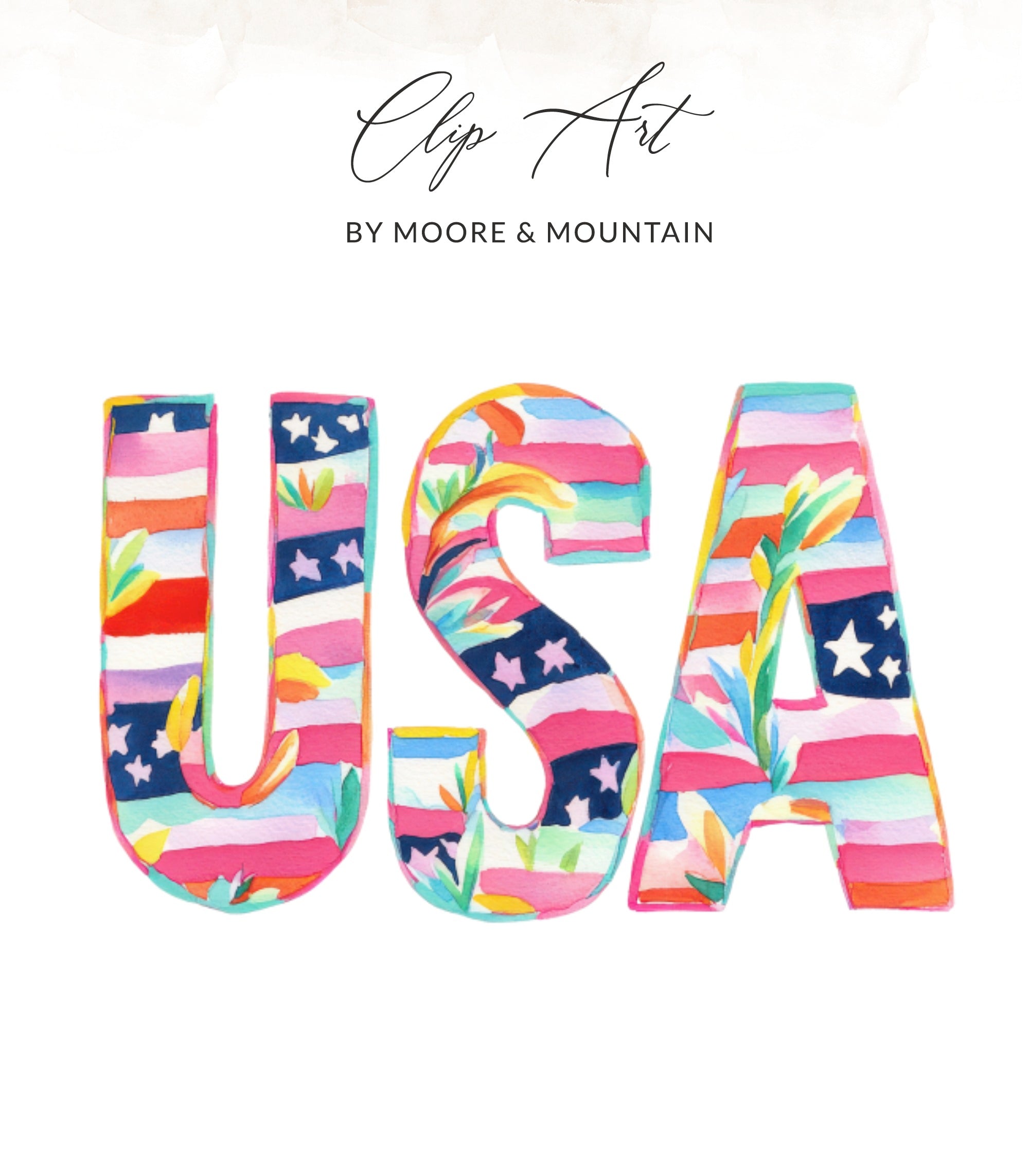 "USA" in colorful watercolor letters with flag and floral patterns.