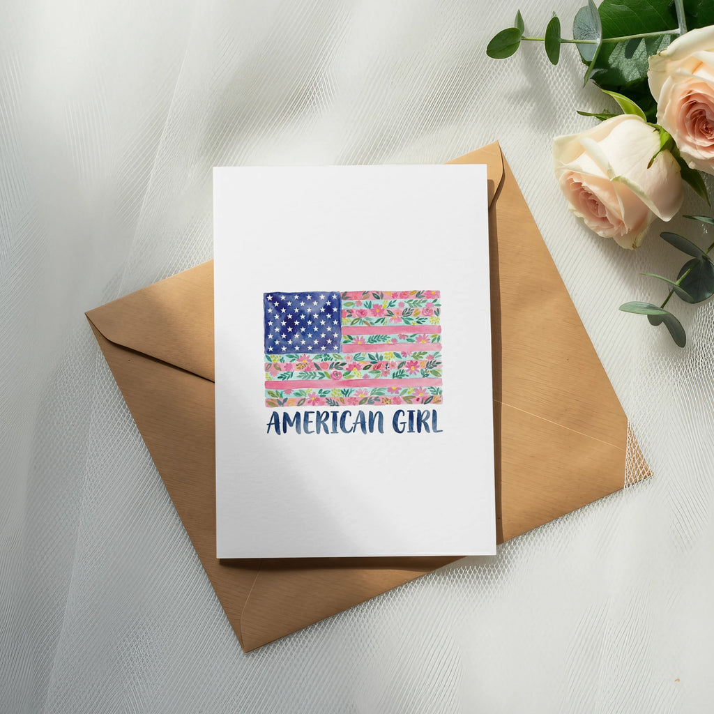 Card with American flag pattern and "AMERICAN GIRL" text.