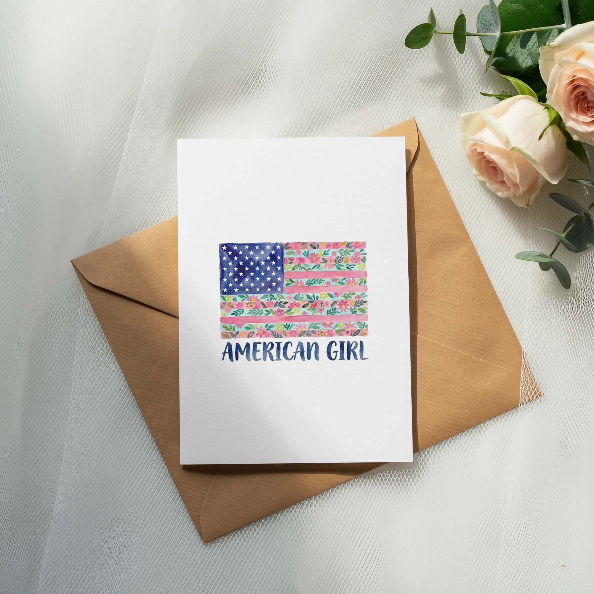 Card with American flag pattern and "AMERICAN GIRL" text.