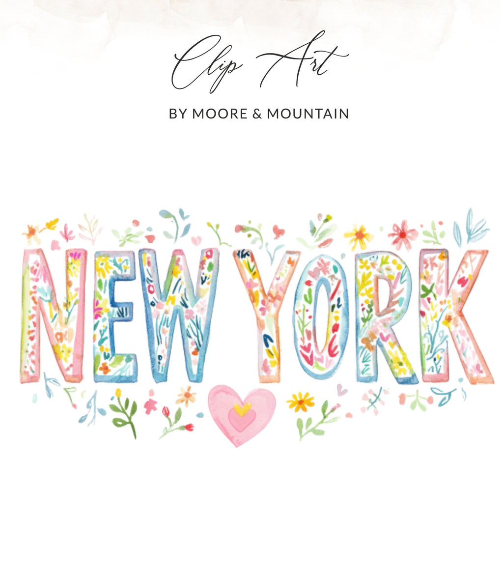 "NEW YORK" text in colorful watercolor flowers with a pink heart.