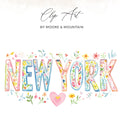 "NEW YORK" text in colorful watercolor flowers with a pink heart.