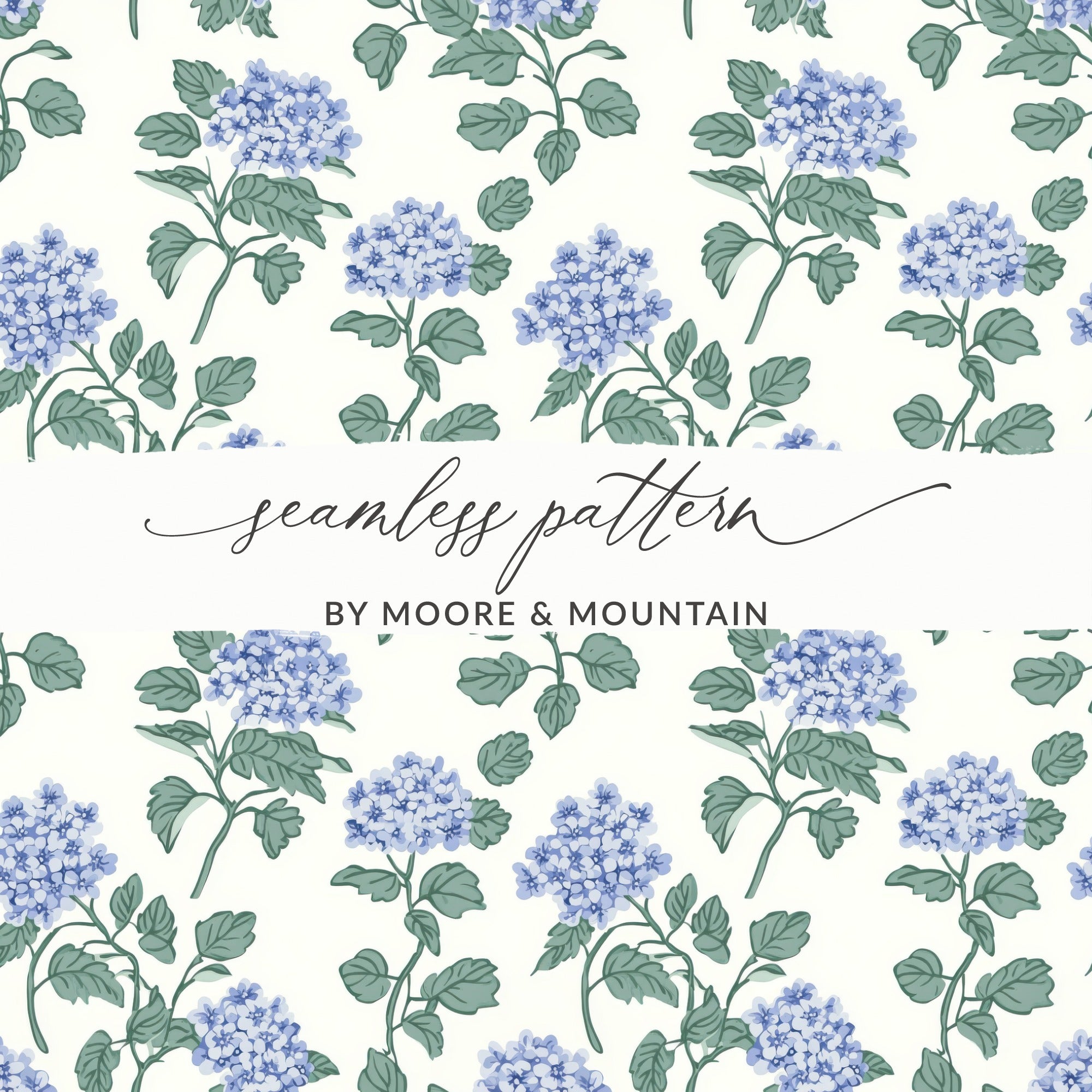 Seamless pattern of blue hydrangeas on a cream background, by Moore & Mountain.