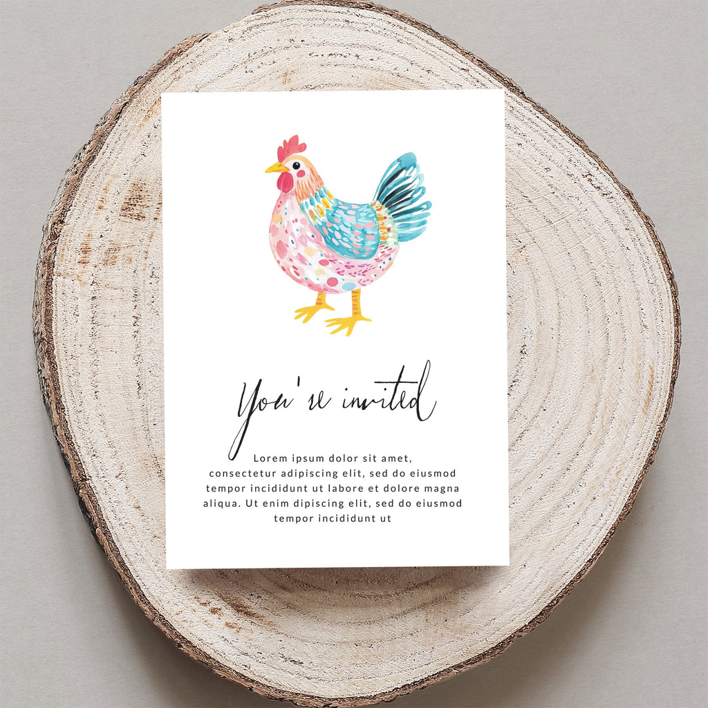 Invitation card with "You're invited" text and a colorful chicken illustration.