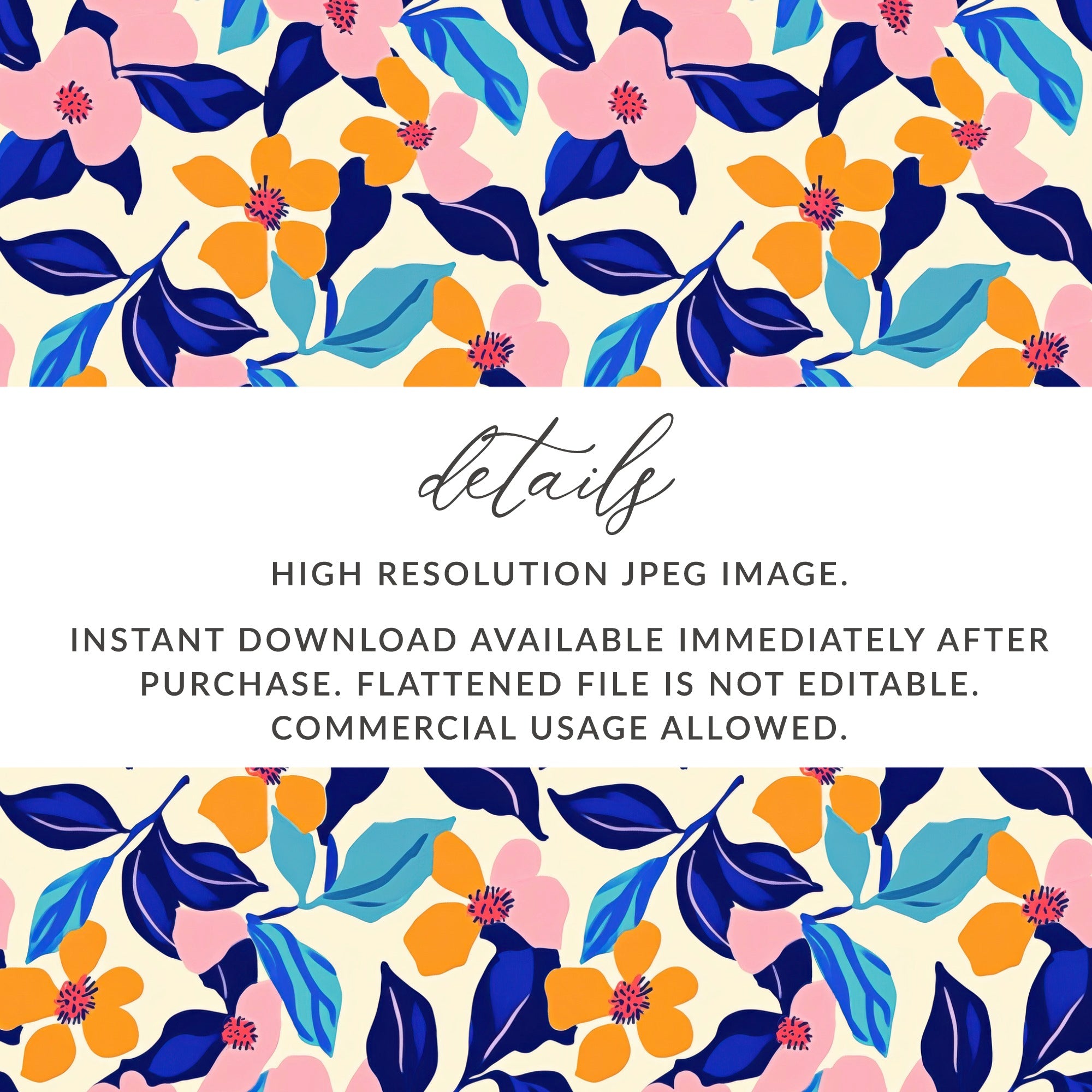 Floral pattern with text about instant download and commercial use.