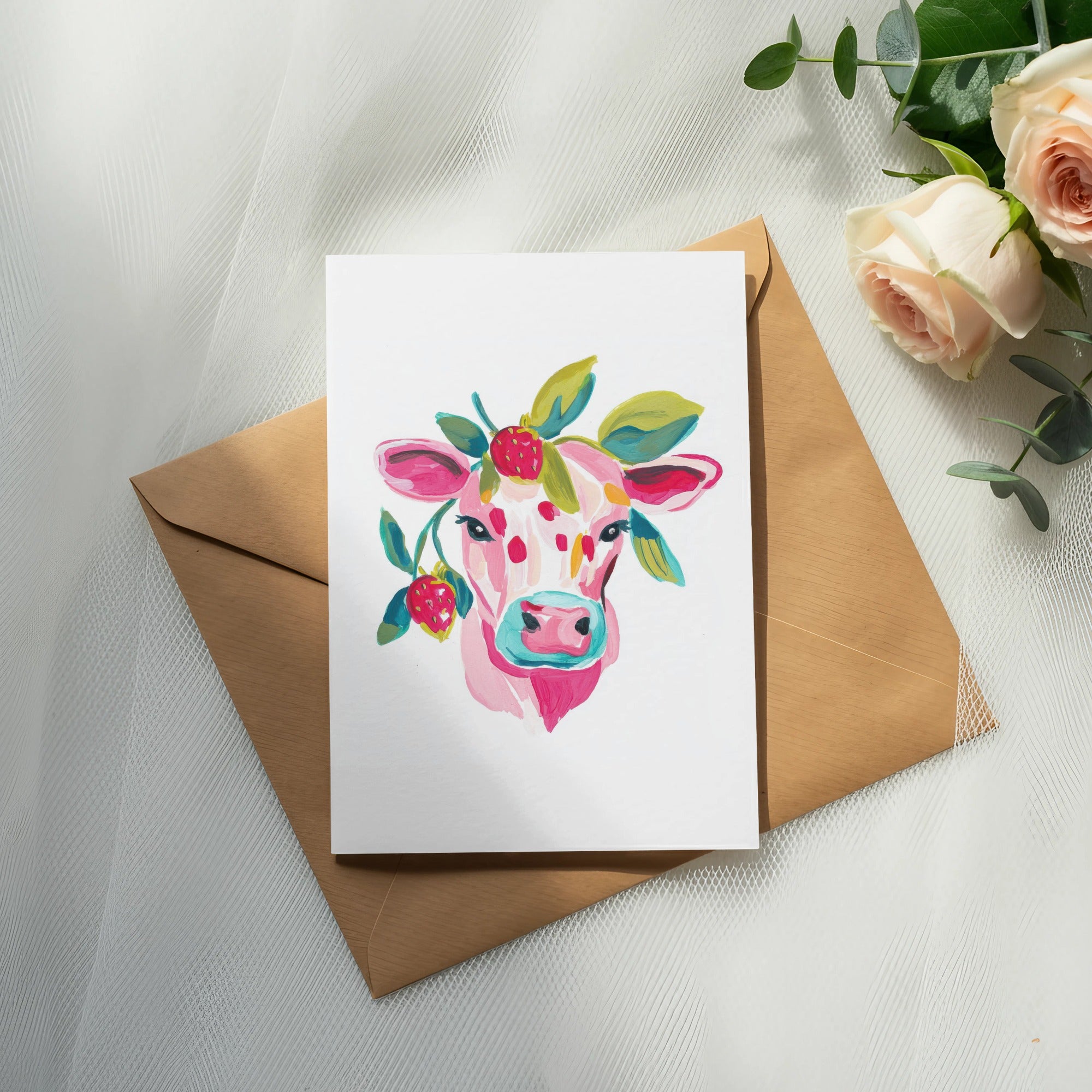 Watercolor painting of a pink cow with strawberries and leaves on a card.