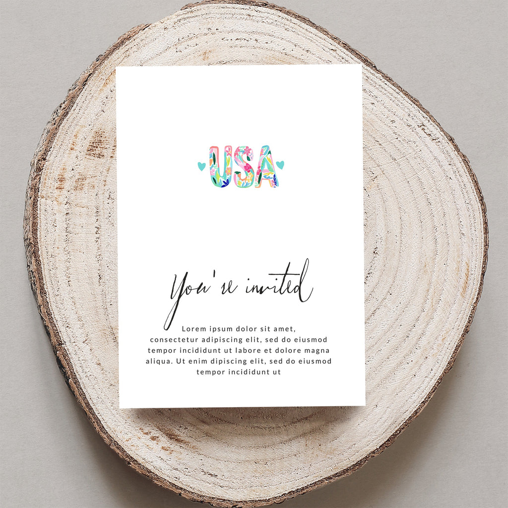 Invitation with "USA" in colorful letters and "You're invited" text.