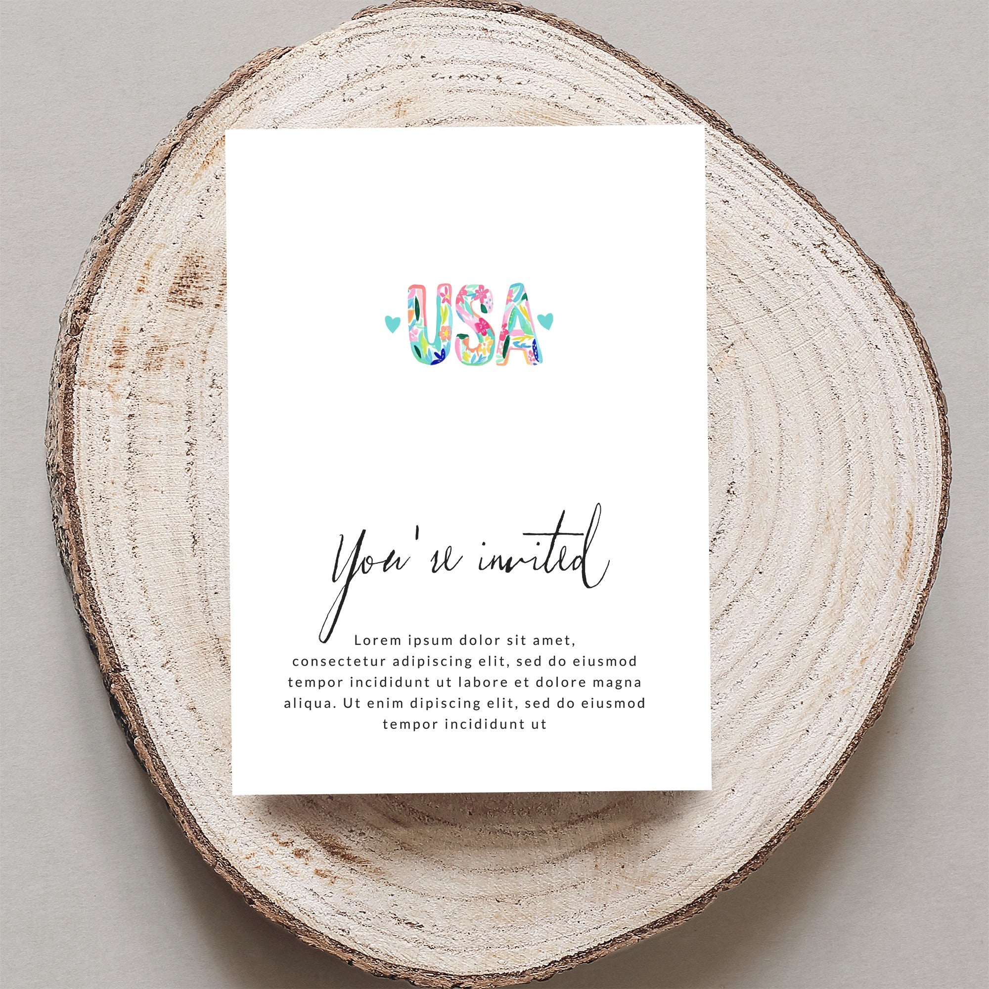 Invitation with "USA" in colorful letters and "You're invited" text.