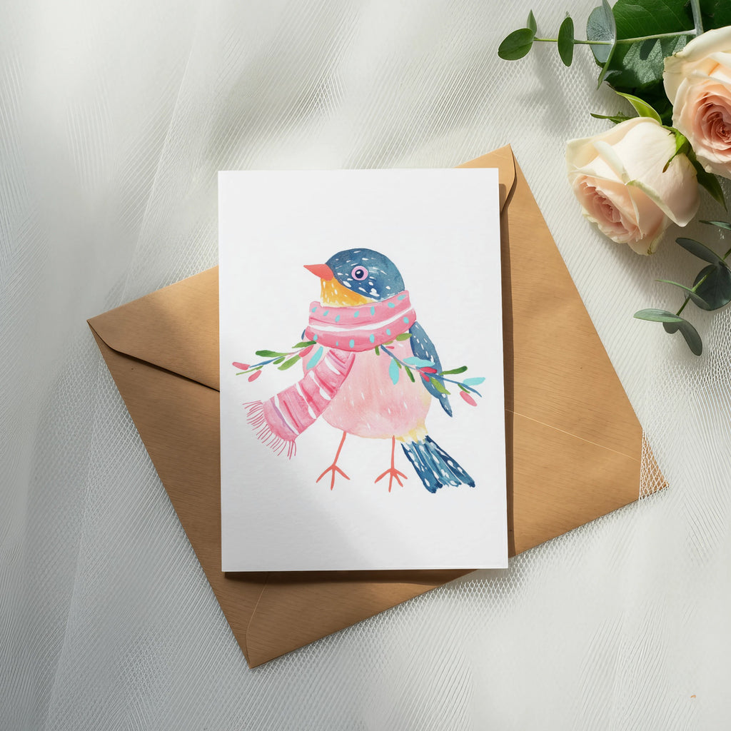 Card featuring a watercolor bird wearing a pink scarf, resting on an envelope.