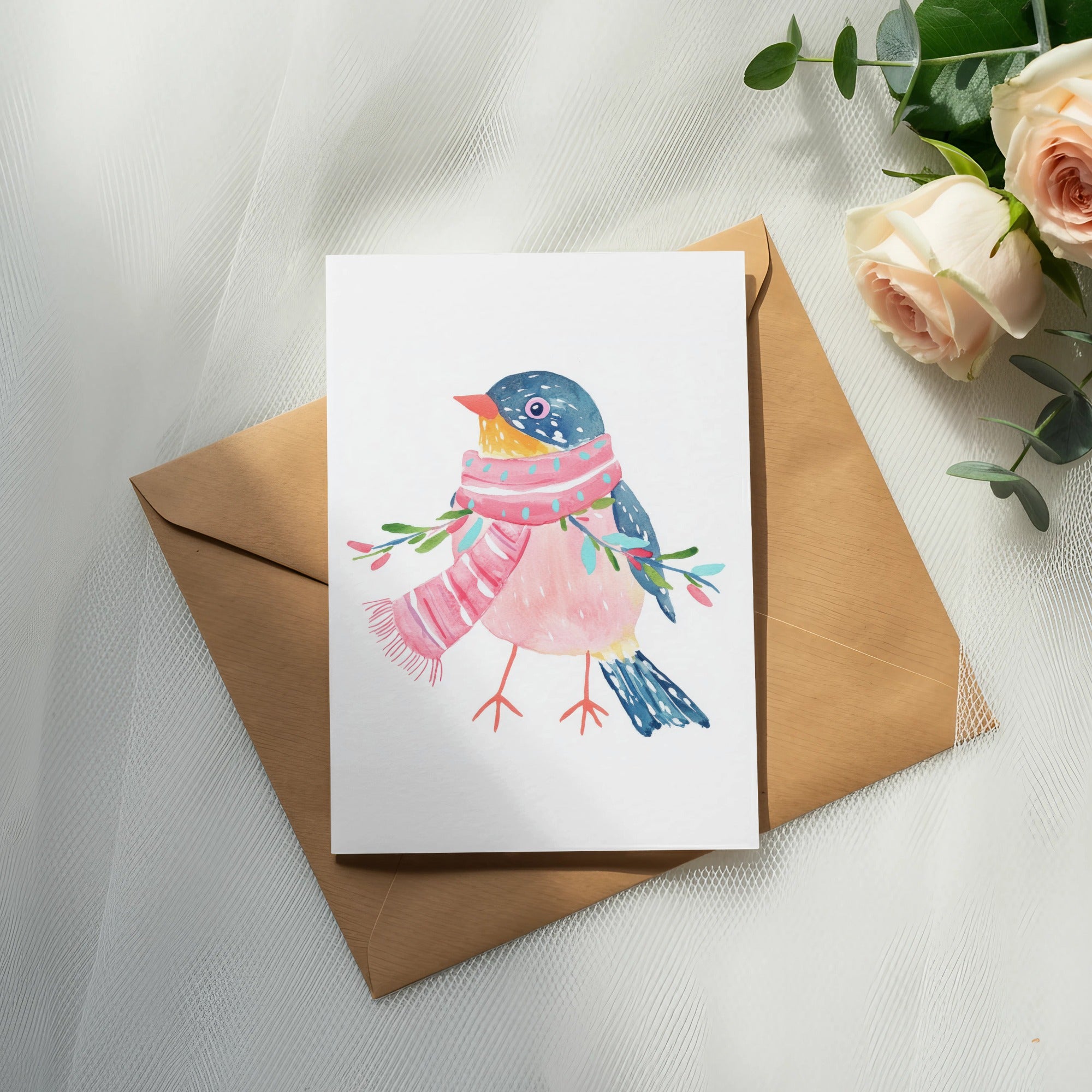 Card featuring a watercolor bird wearing a pink scarf, resting on an envelope.