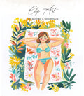 Woman in striped bikini sunbathing on a floral towel, surrounded by colorful foliage.
