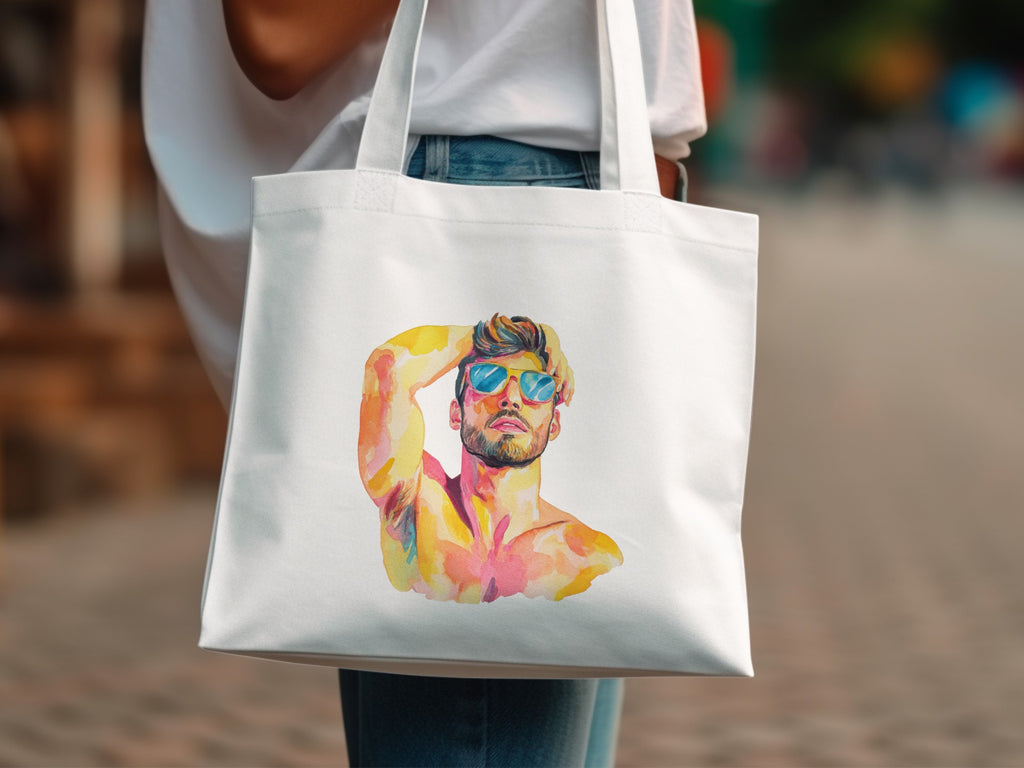 White tote bag with watercolor portrait of a man wearing sunglasses.