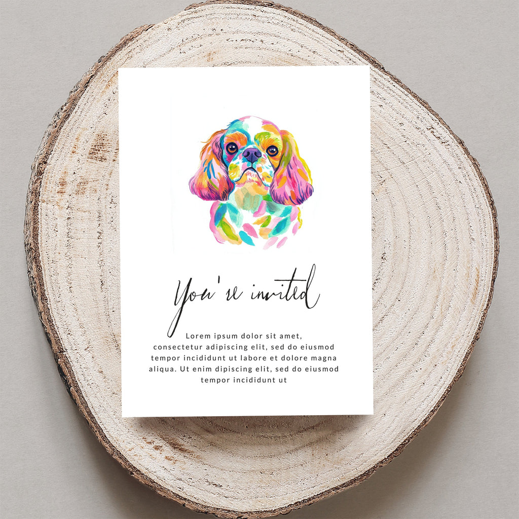 Watercolor dog portrait on "You're invited" card with placeholder text.