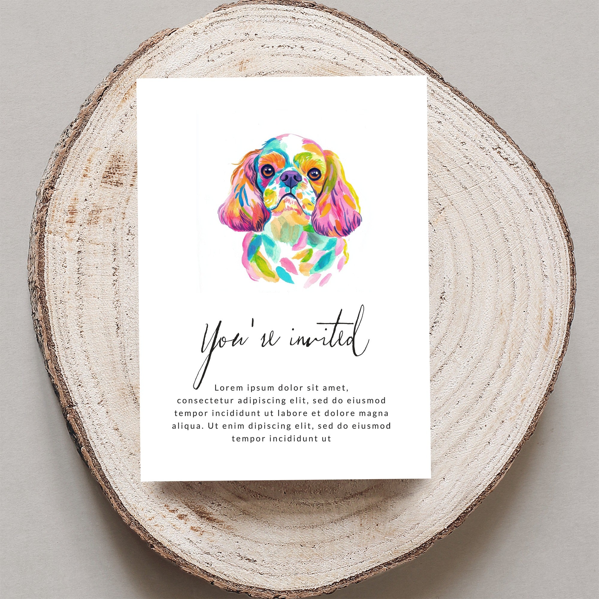 Watercolor dog portrait on "You're invited" card with placeholder text.