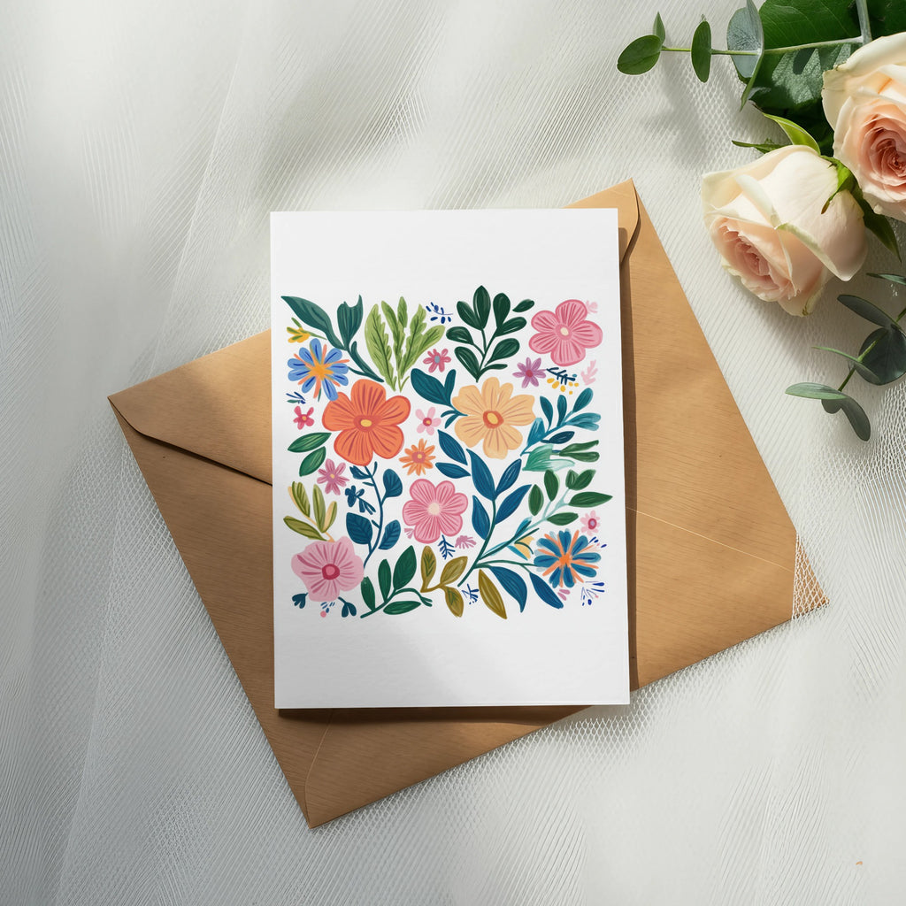 Card with colorful floral illustration on kraft paper envelope, with roses and eucalyptus.
