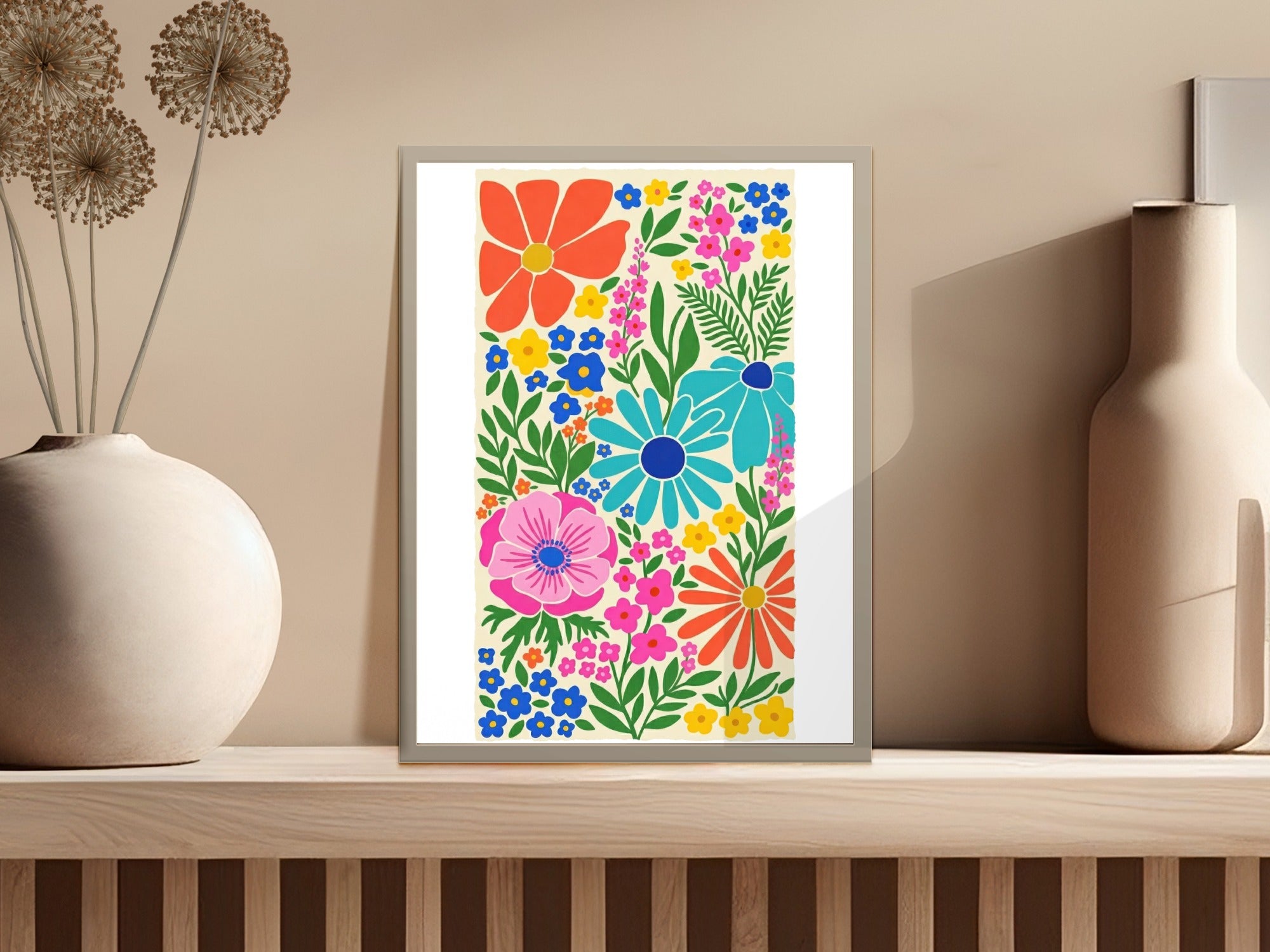 Colorful floral art print with red, pink, blue, and yellow flowers.