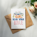 Card with "Girl, Read Your Bible" and open book illustration on envelope.