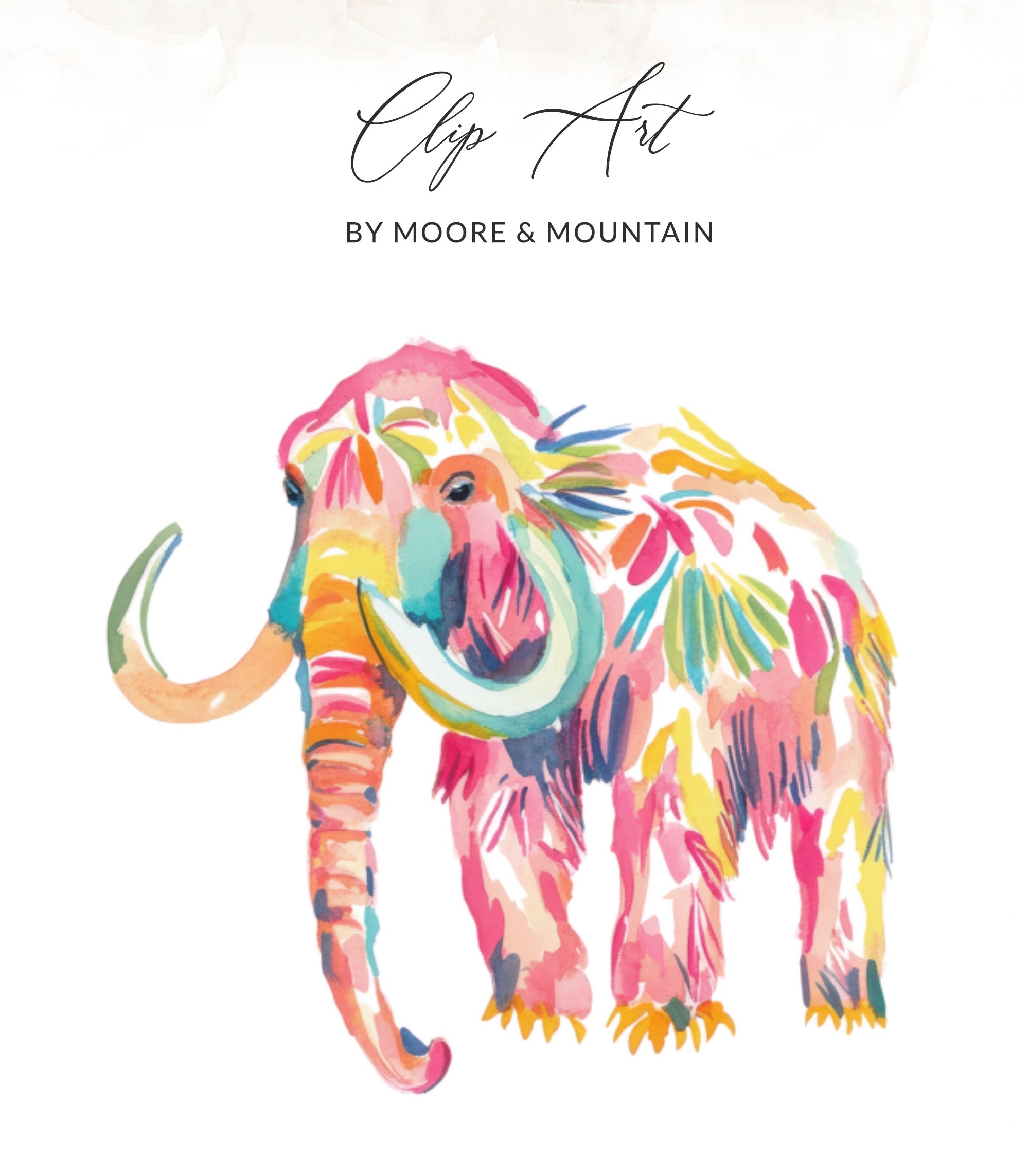 Colorful watercolor mammoth with "Clip Art BY MOORE & MOUNTAIN" text.