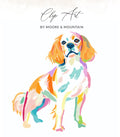 Watercolor painting of a Cavalier King Charles Spaniel dog with "Clip Art" text.