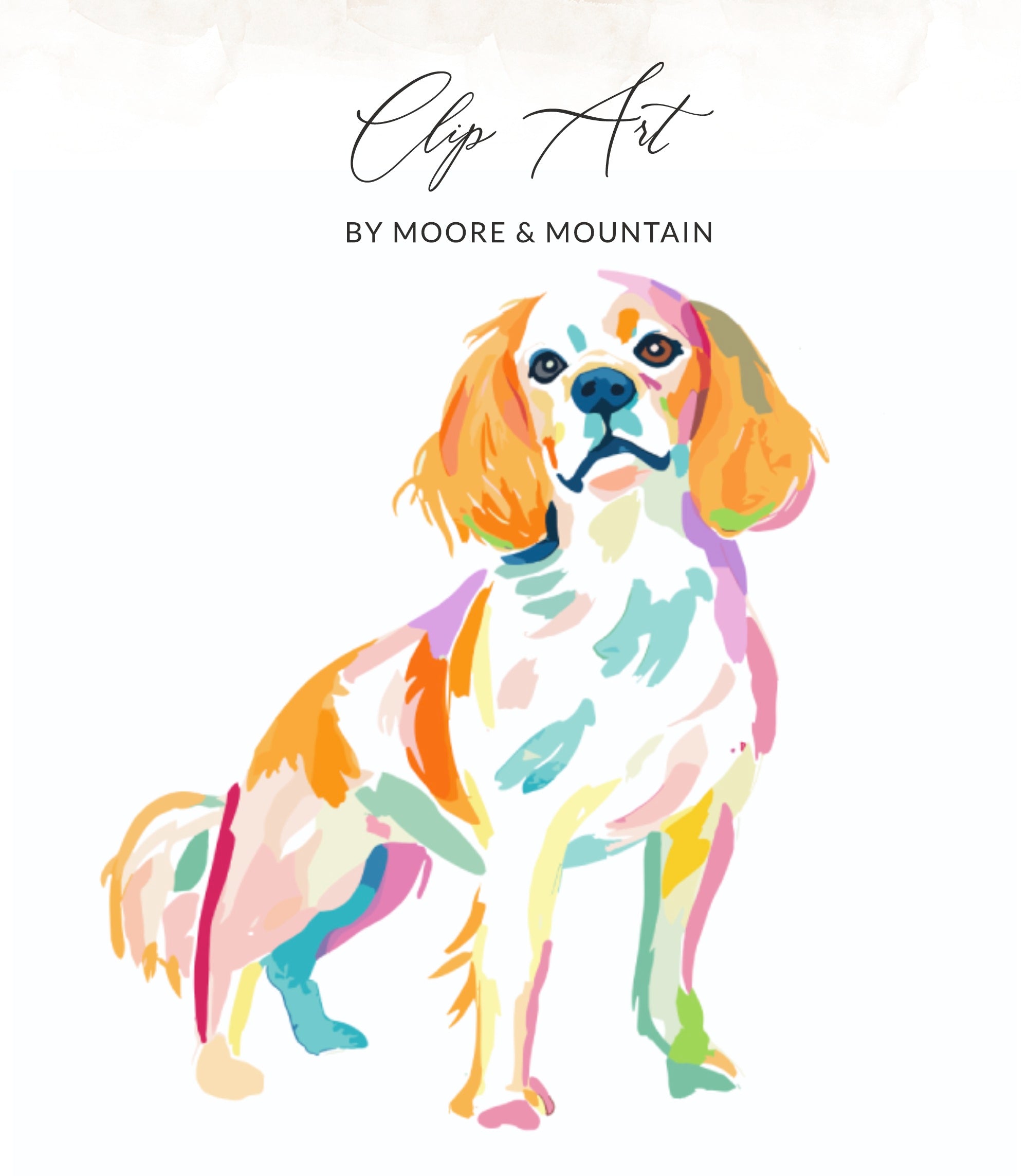 Watercolor painting of a Cavalier King Charles Spaniel dog with "Clip Art" text.
