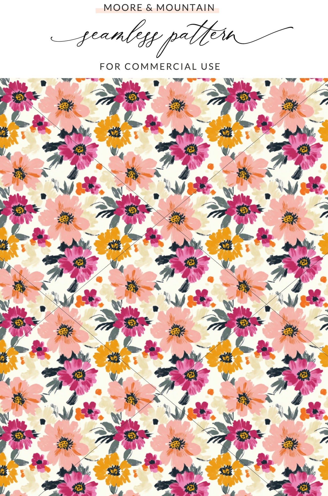 Floral pattern with pink, yellow, and dark pink flowers on a cream background.