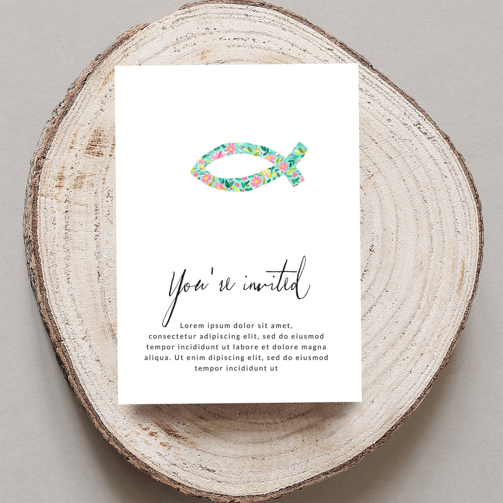 Invitation with floral fish symbol and placeholder text.
