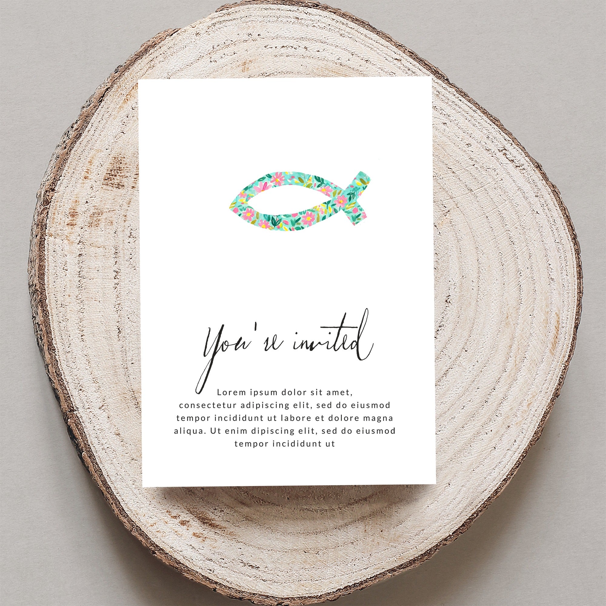 Invitation with floral fish symbol and placeholder text.
