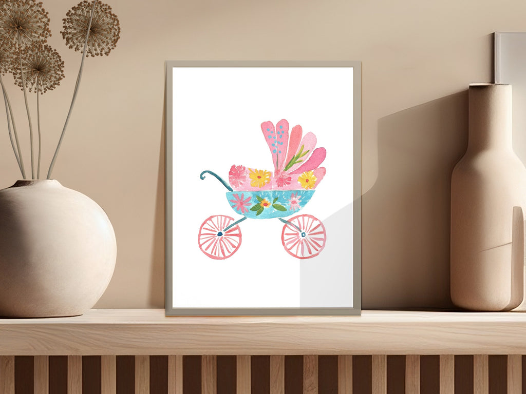 Watercolor illustration of a pink baby carriage with flowers.