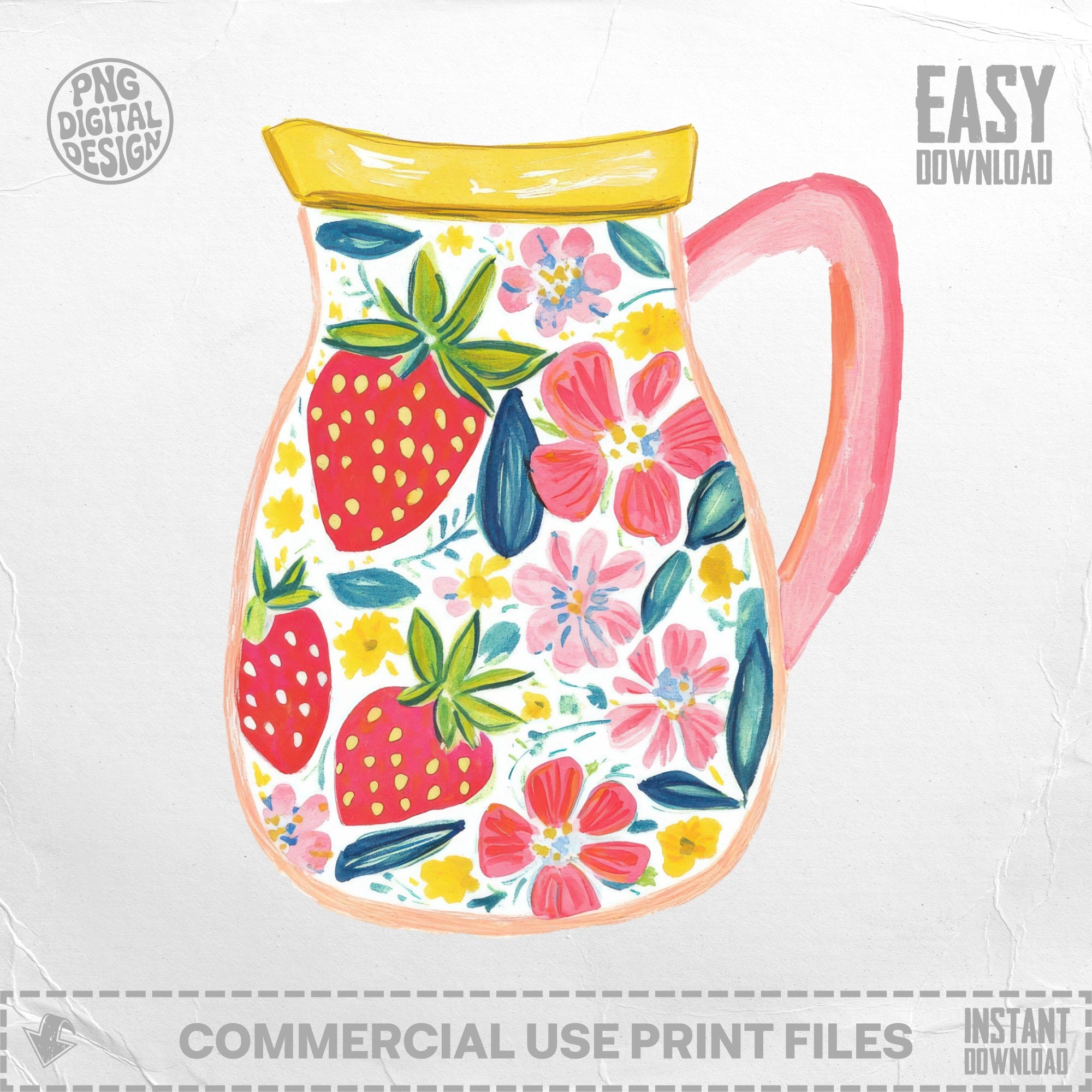 Floral pitcher with strawberries and text "PNG Digital Design".
