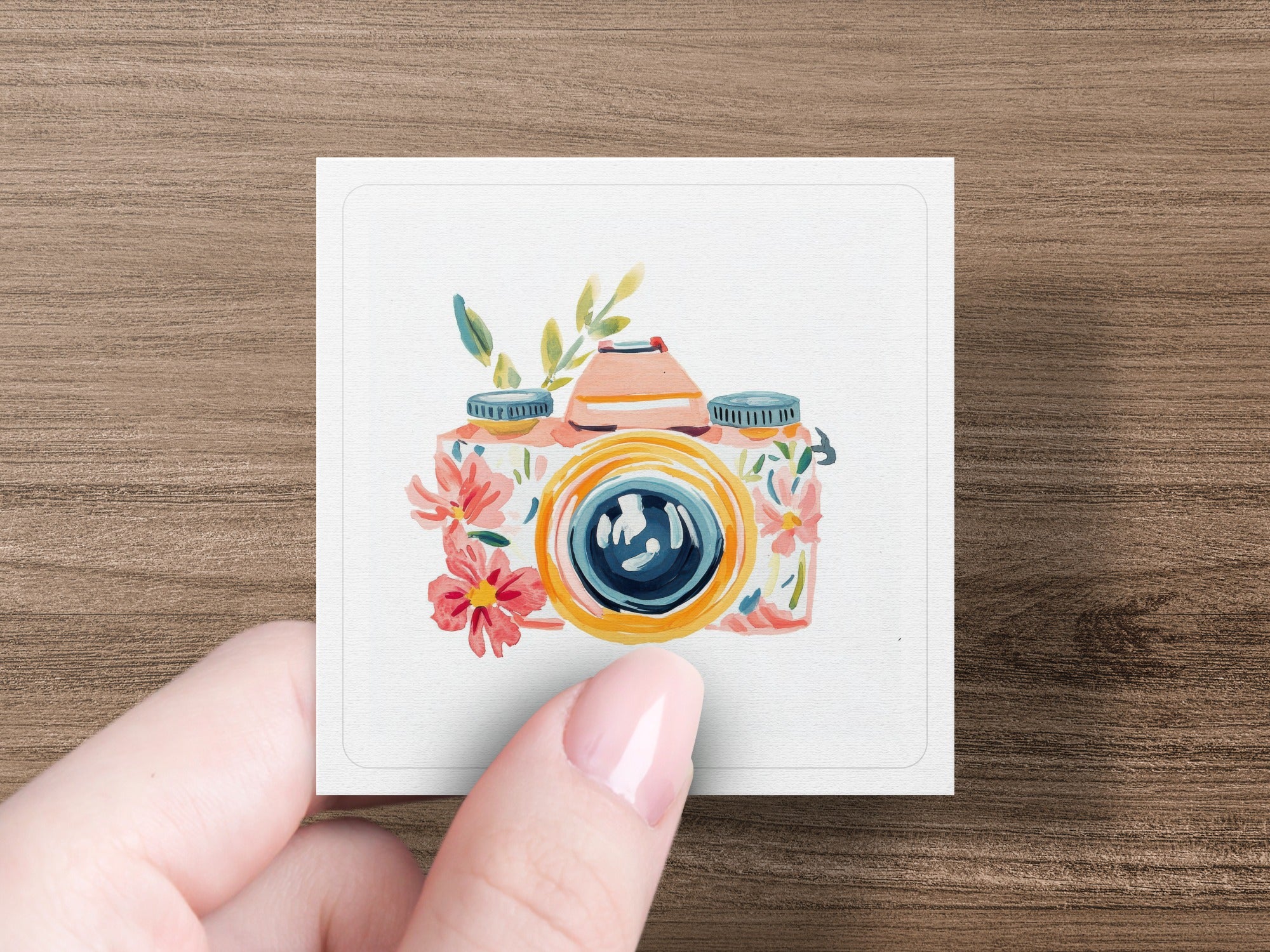 Watercolor illustration of a retro camera with flowers and leaves.