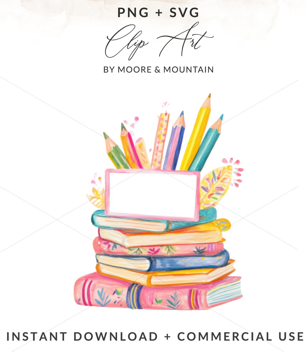 Stack of colorful books with pencils and leaves, blank label.