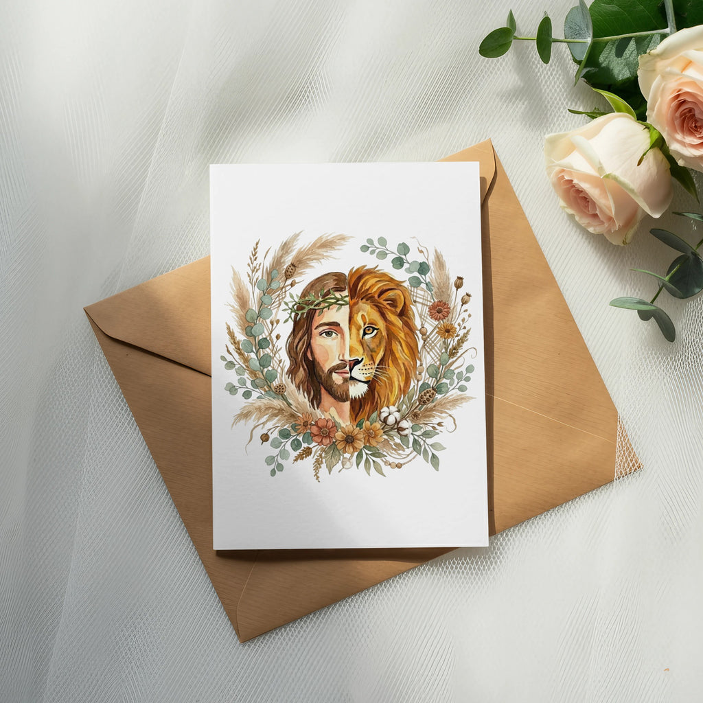 Card with Jesus and a lion illustration, surrounded by floral and botanical elements.
