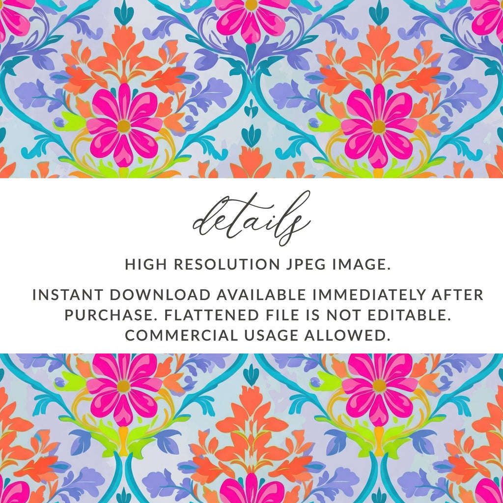 Floral pattern with text: "details HIGH RESOLUTION JPEG IMAGE. INSTANT DOWNLOAD AVAILABLE IMMEDIATELY AFTER PURCHASE. FLATTENED FILE IS NOT EDITABLE. COMMERCIAL USAGE ALLOWED."