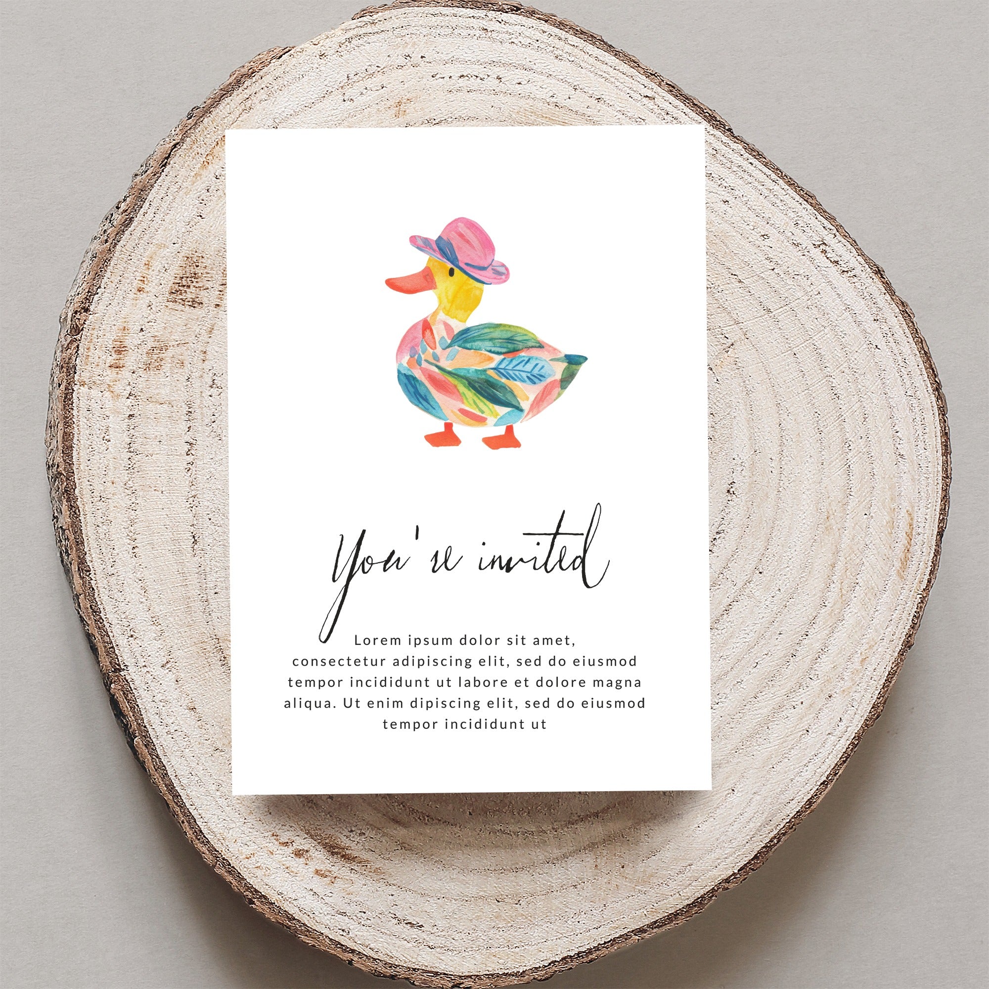 Watercolor duck in a hat on an invitation with "You're invited" text.