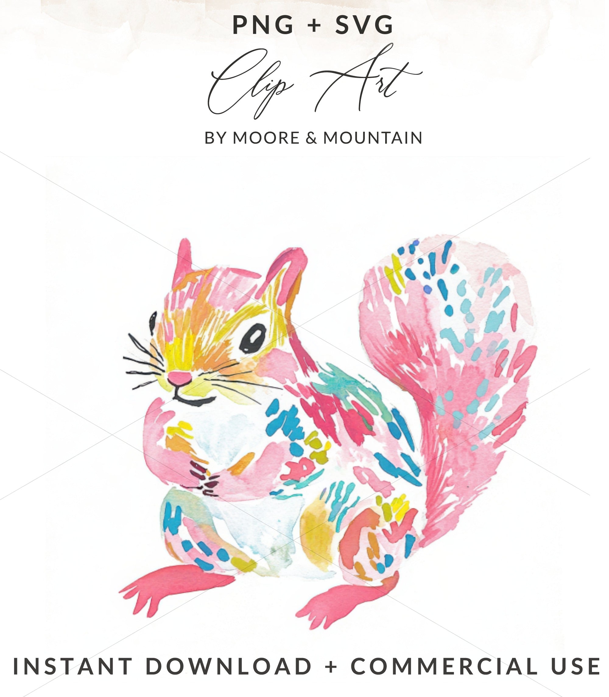 Watercolor squirrel with colorful abstract markings, PNG + SVG clip art.