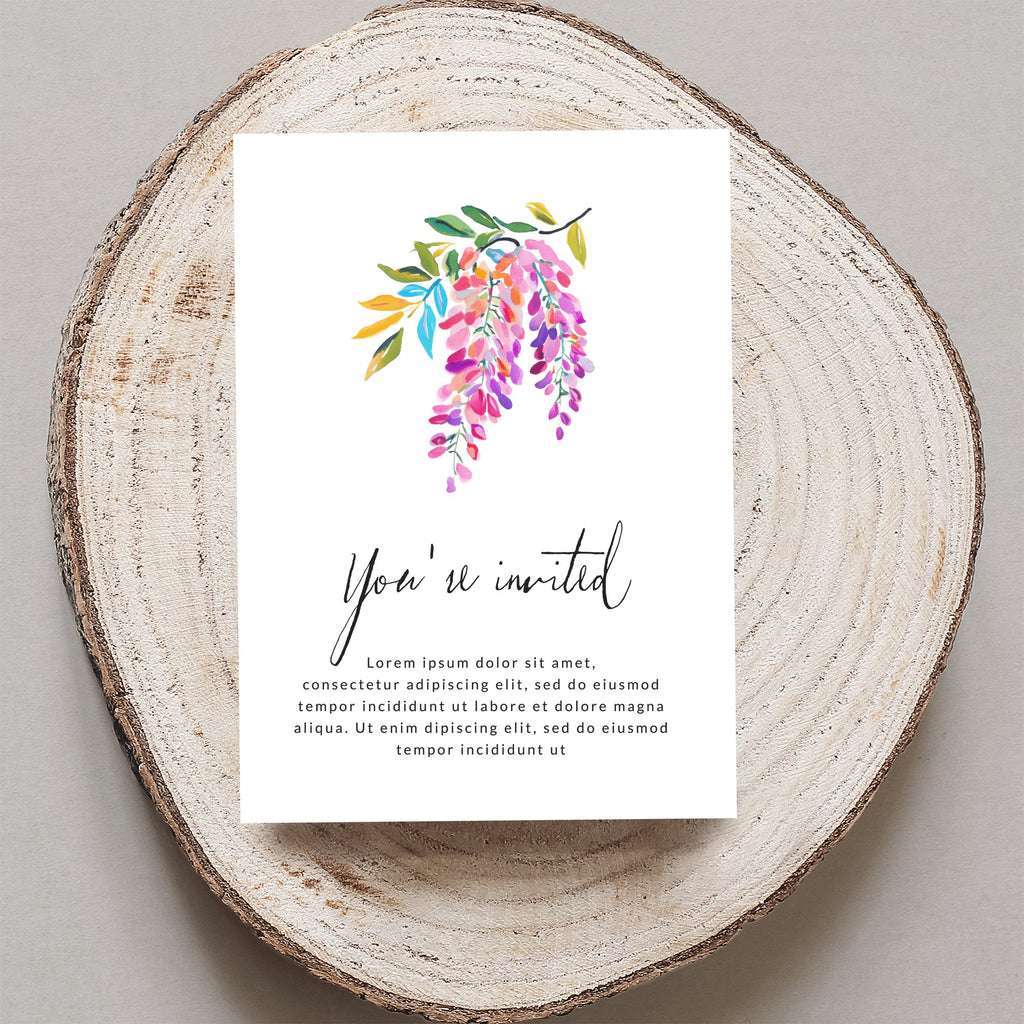 Invitation with watercolor wisteria art and "You're invited" text.