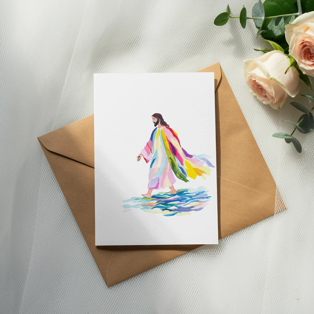Jesus walking on water in a colorful robe on a card.