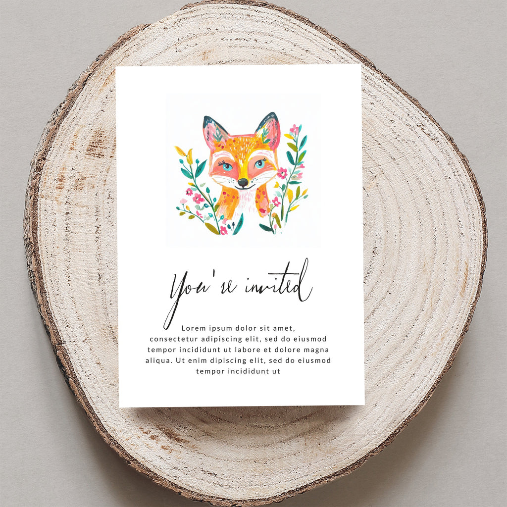 Greeting card with watercolor fox illustration and "You're invited" text.