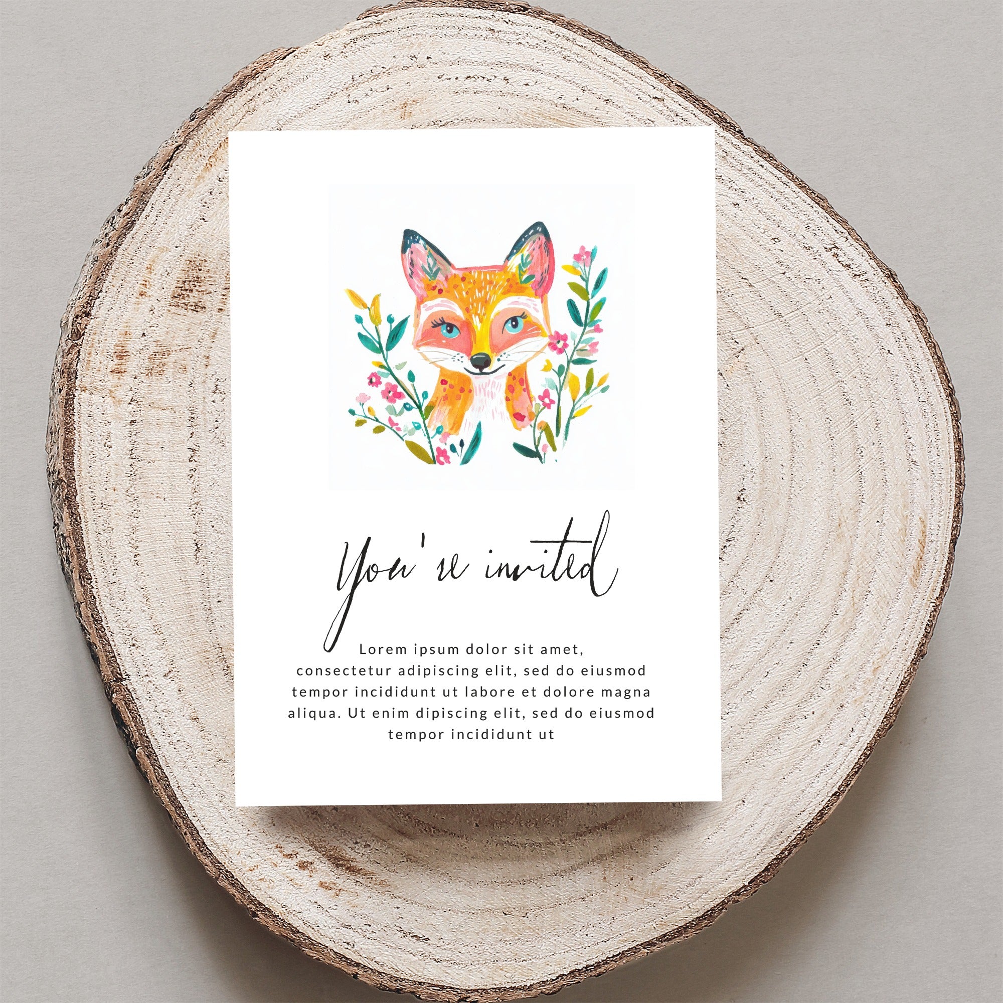 Greeting card with watercolor fox illustration and "You're invited" text.