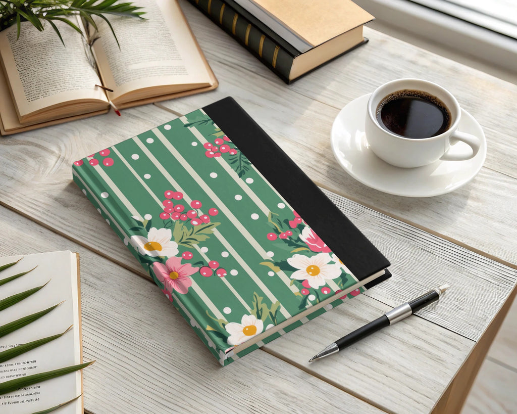 Green Striped Notebook with Floral and Polka Dot Design