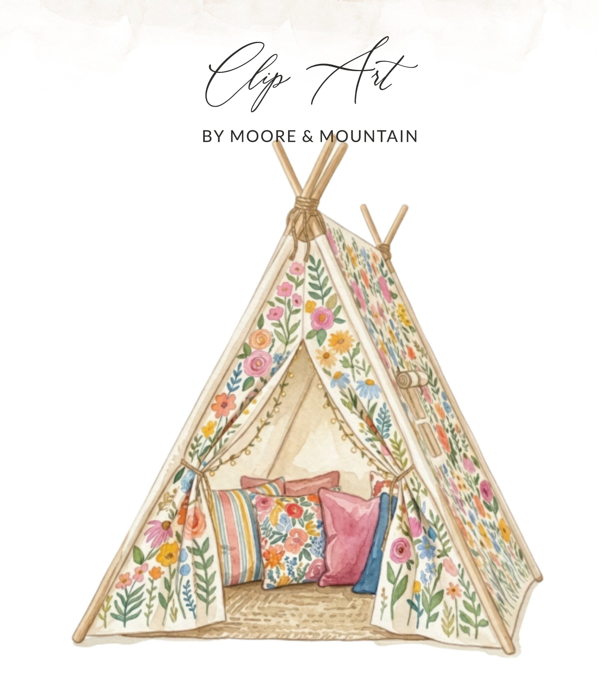 Teepee with floral pattern, colorful pillows inside, and "Clip Art" text.