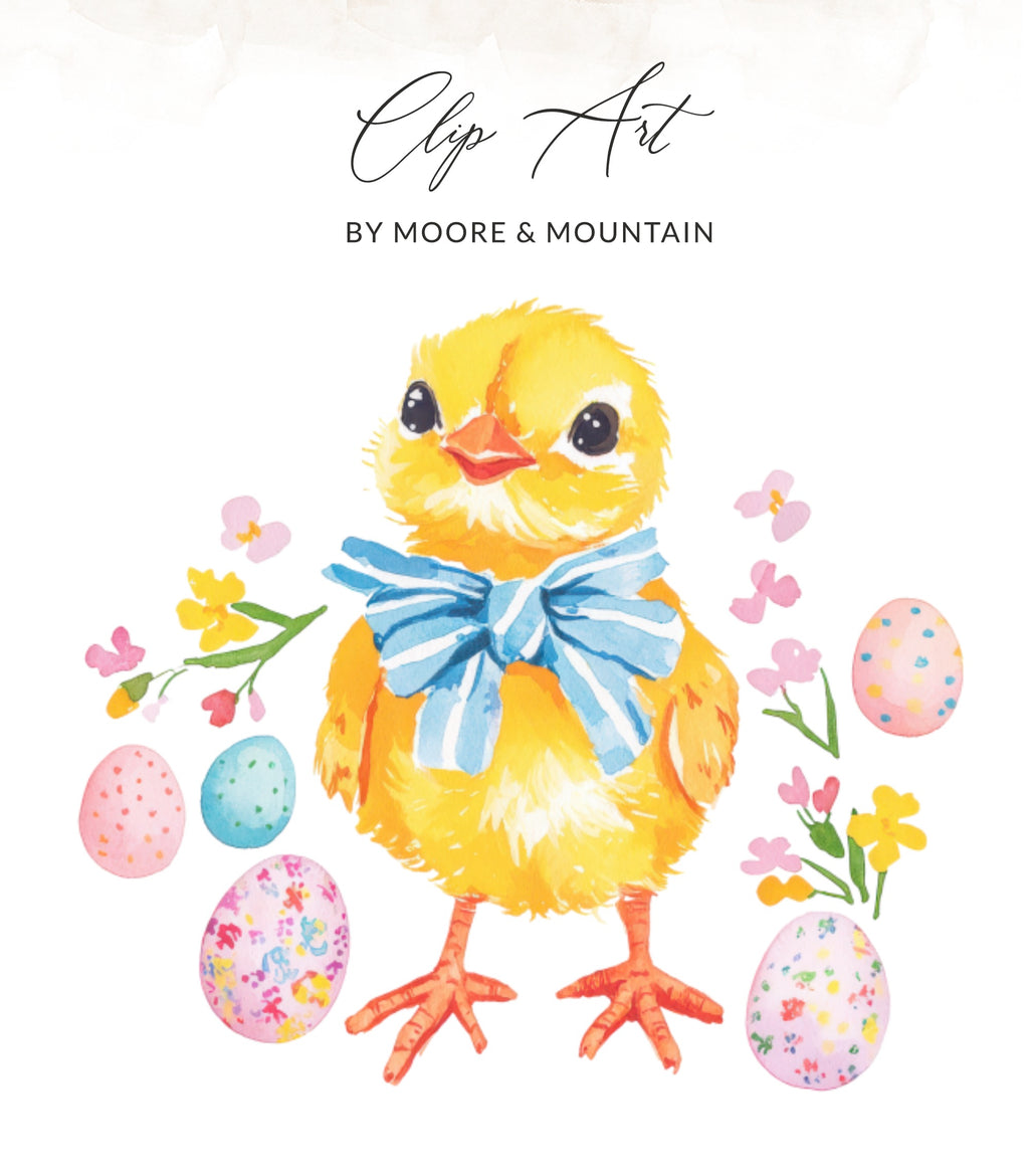 Yellow chick with blue bow, surrounded by colorful Easter eggs and flowers.