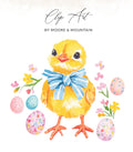 Yellow chick with blue bow, surrounded by colorful Easter eggs and flowers.