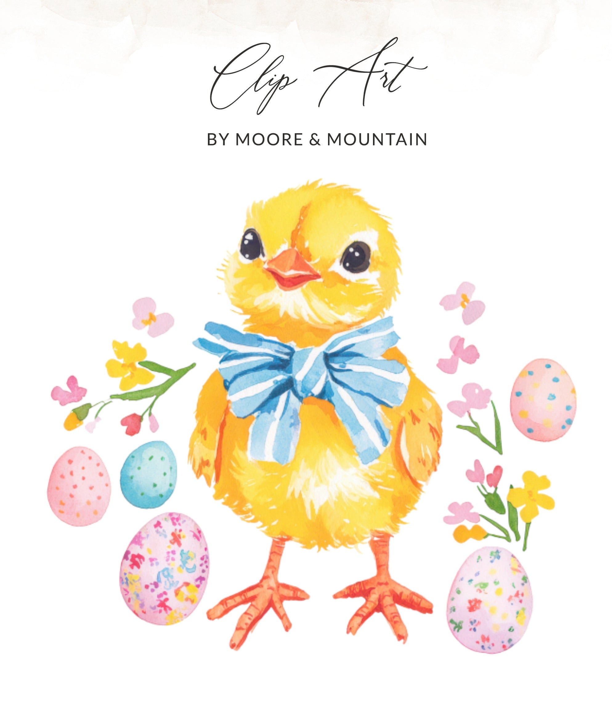 Yellow chick with blue bow, surrounded by colorful Easter eggs and flowers.