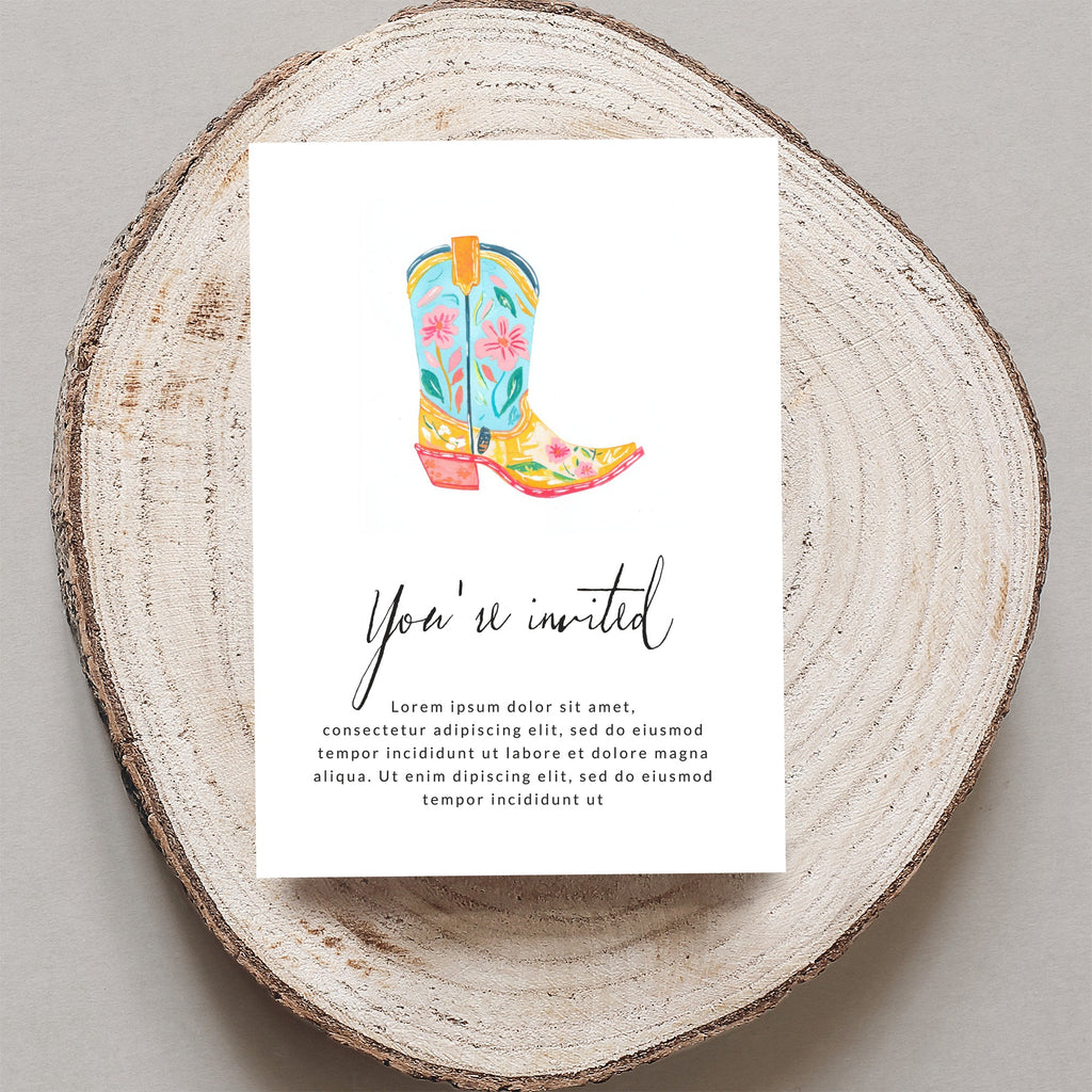 Watercolor cowboy boot on invitation with "You're invited" text.