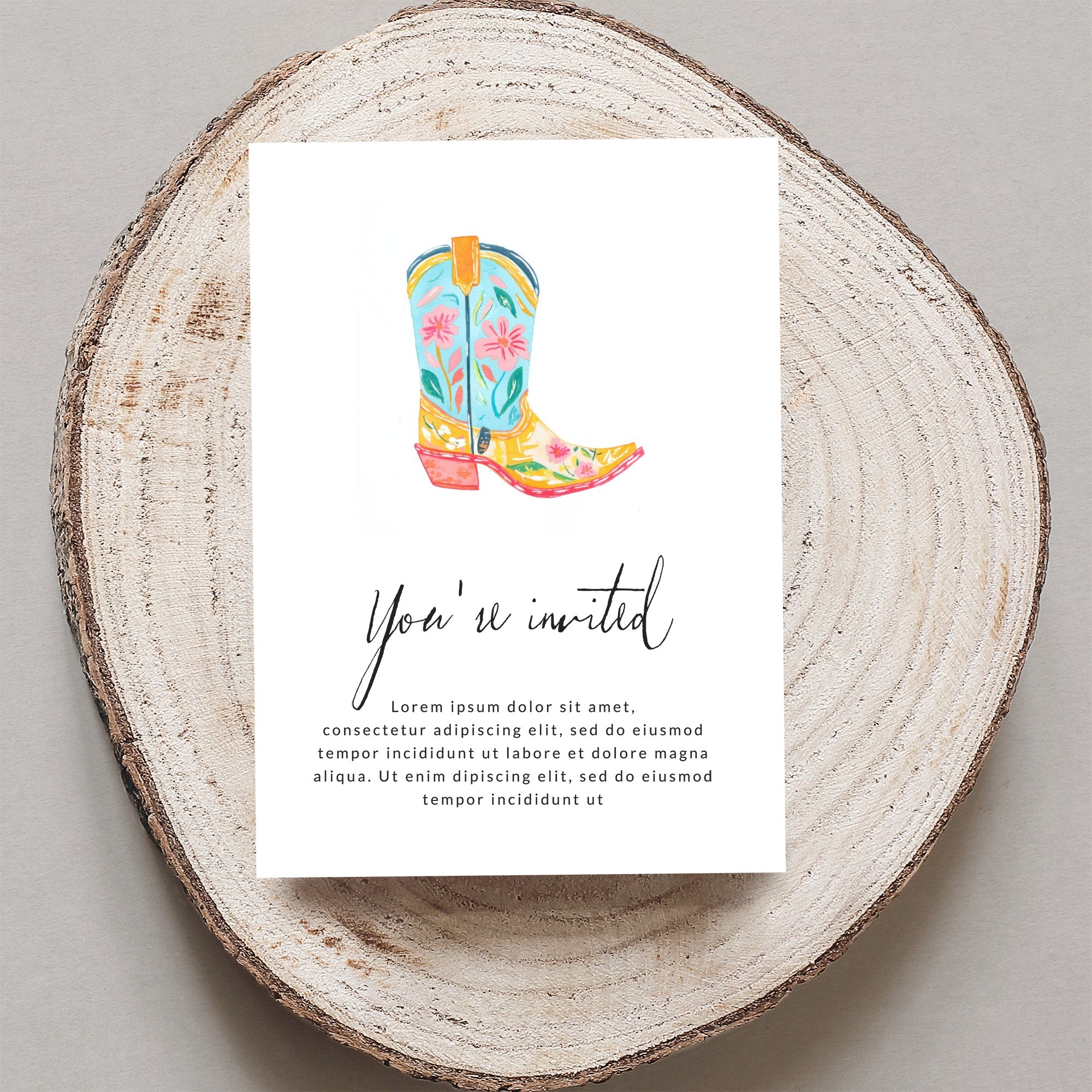 Watercolor cowboy boot on invitation with "You're invited" text.