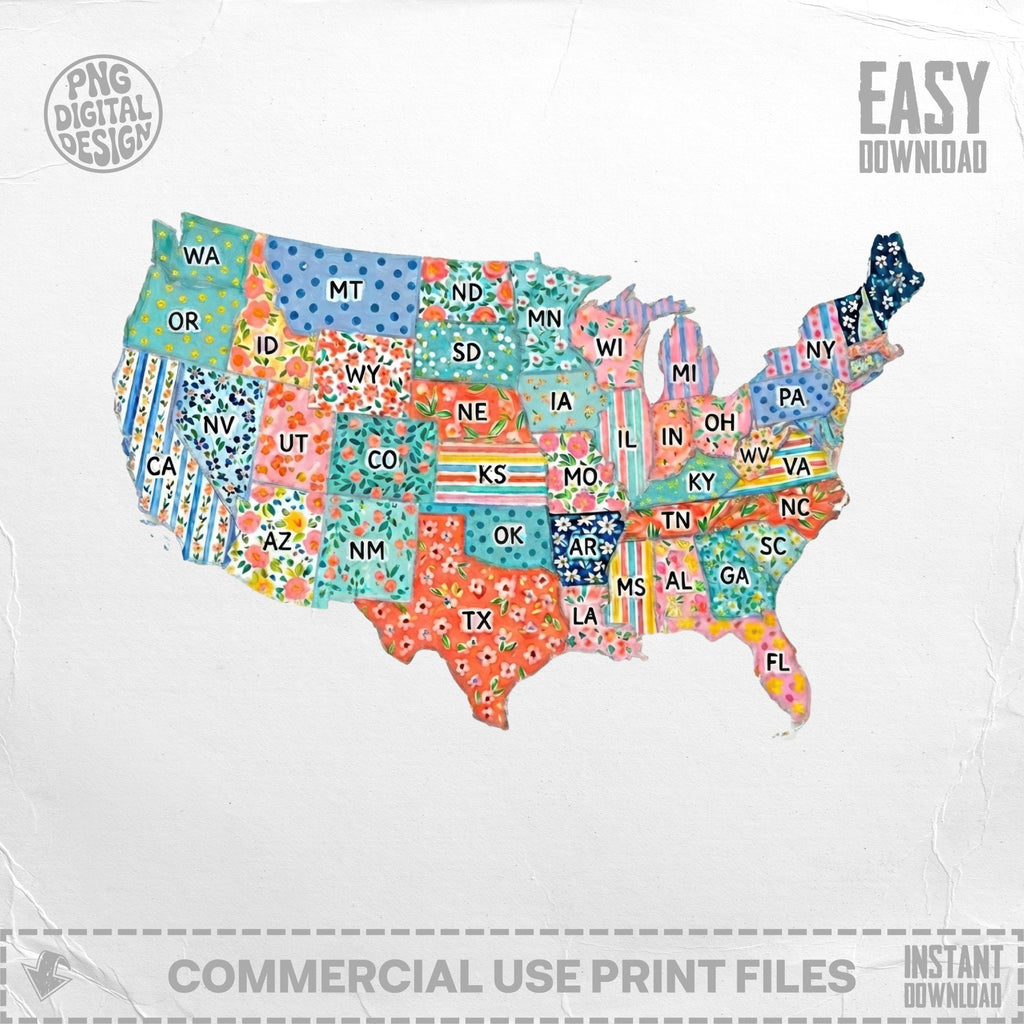 US states map with floral pattern, indicating commercial use and instant download.