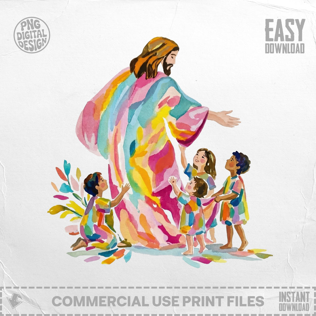 Watercolor illustration of Jesus reaching out to children with colorful robes.