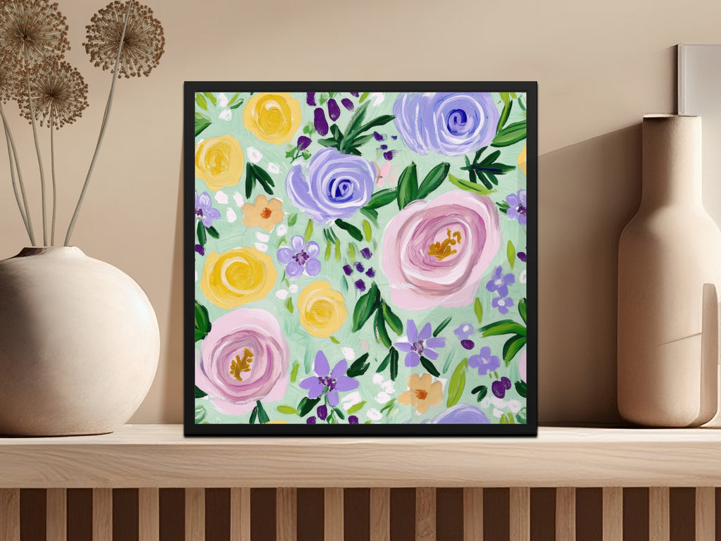 Fine Art Floral Seamless Pattern, Acrylic Floral Print, Pastel Flowers Digital Paper, Mint Green Floral Pattern, Fabric Design