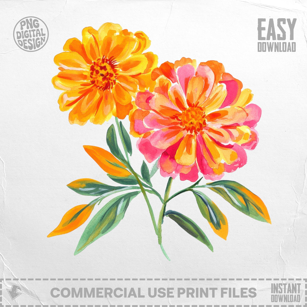 Watercolor marigolds with green leaves, "Easy Download" text.
