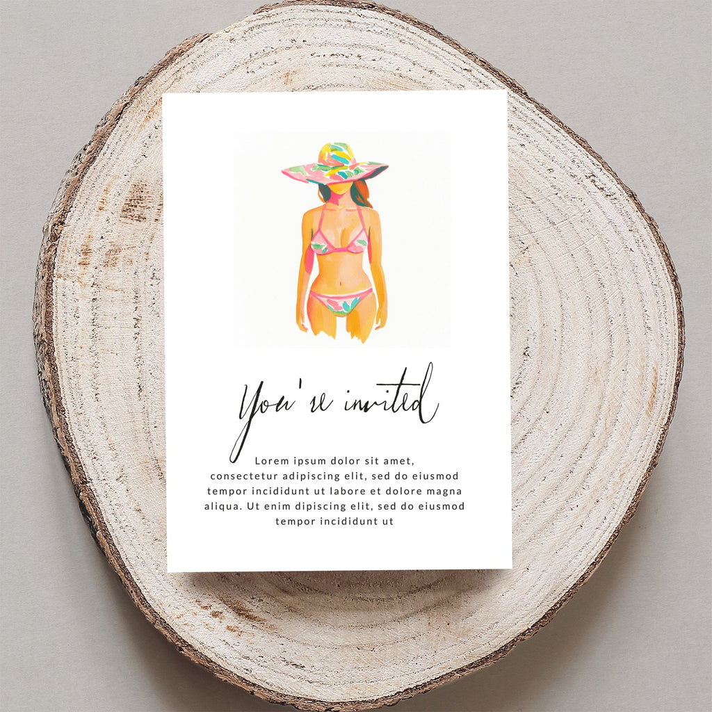 Invitation with watercolor woman in bikini and hat, "You're invited" text.